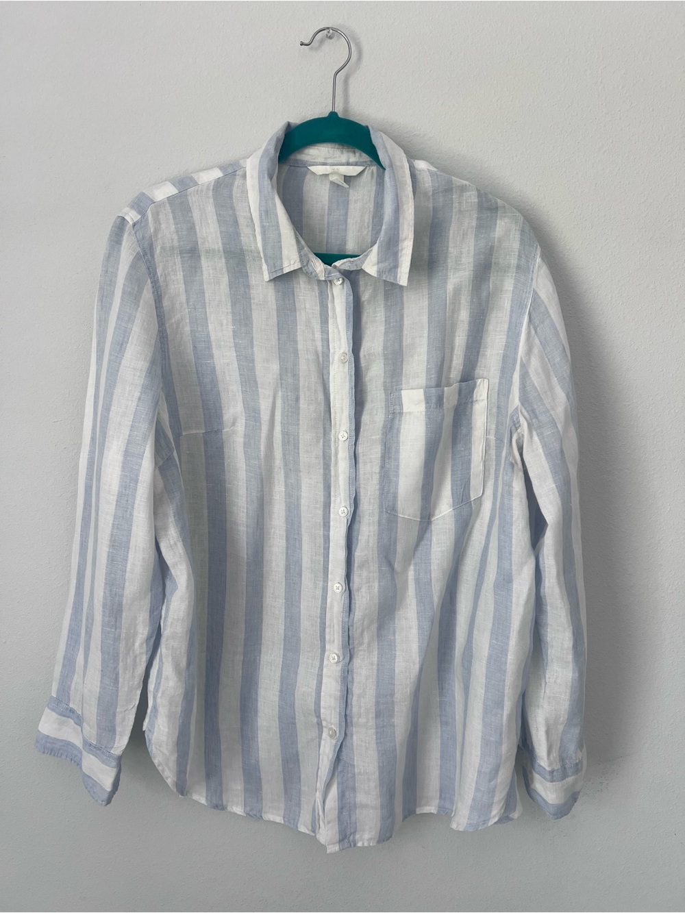 H&M 100% Linen Blue & White Striped Button Down Shirt Size L⁠